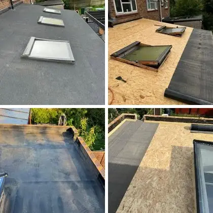 Four flat roof jobs: a finished roof with three rooflights, new boards with rooflights going in, a finished roof with upstands, and new covering going down over boards